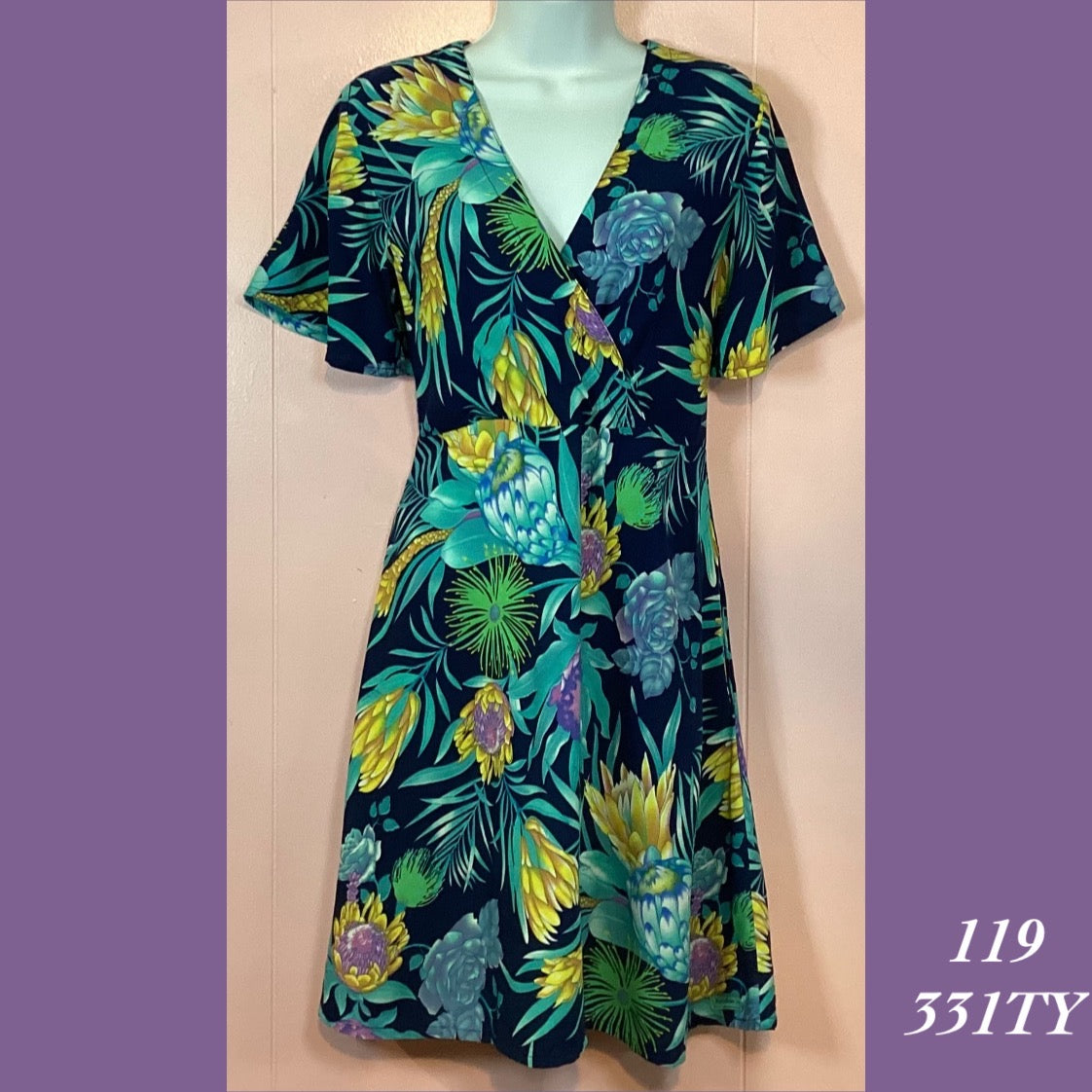 119 - 331TY , Sleeved cross front dress with back zipper and pockets