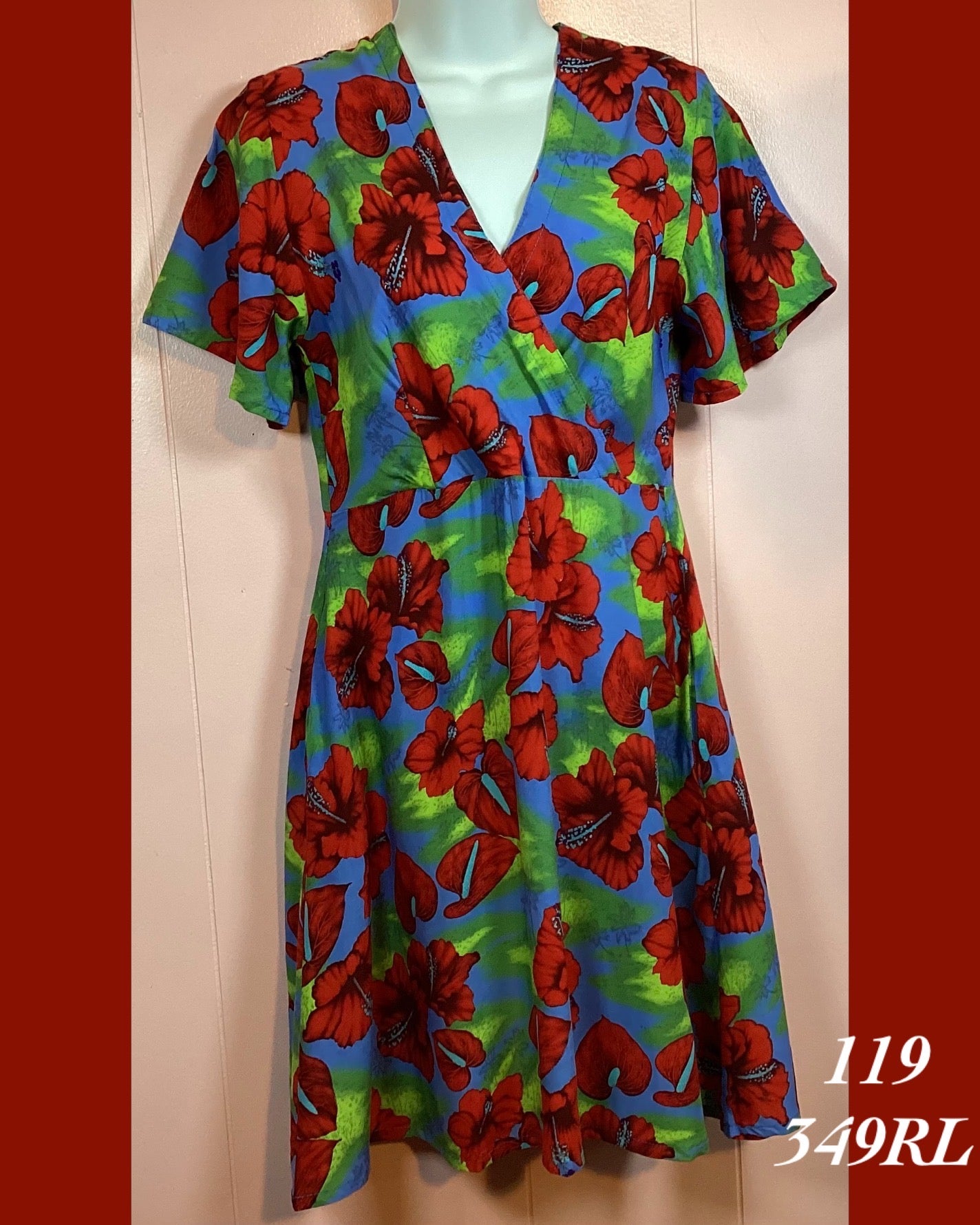 119 - 349RL , sleeved cross front dress with back zipper and pockets