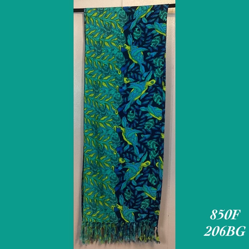 850F - 206BG, Fringed scarf with turtles