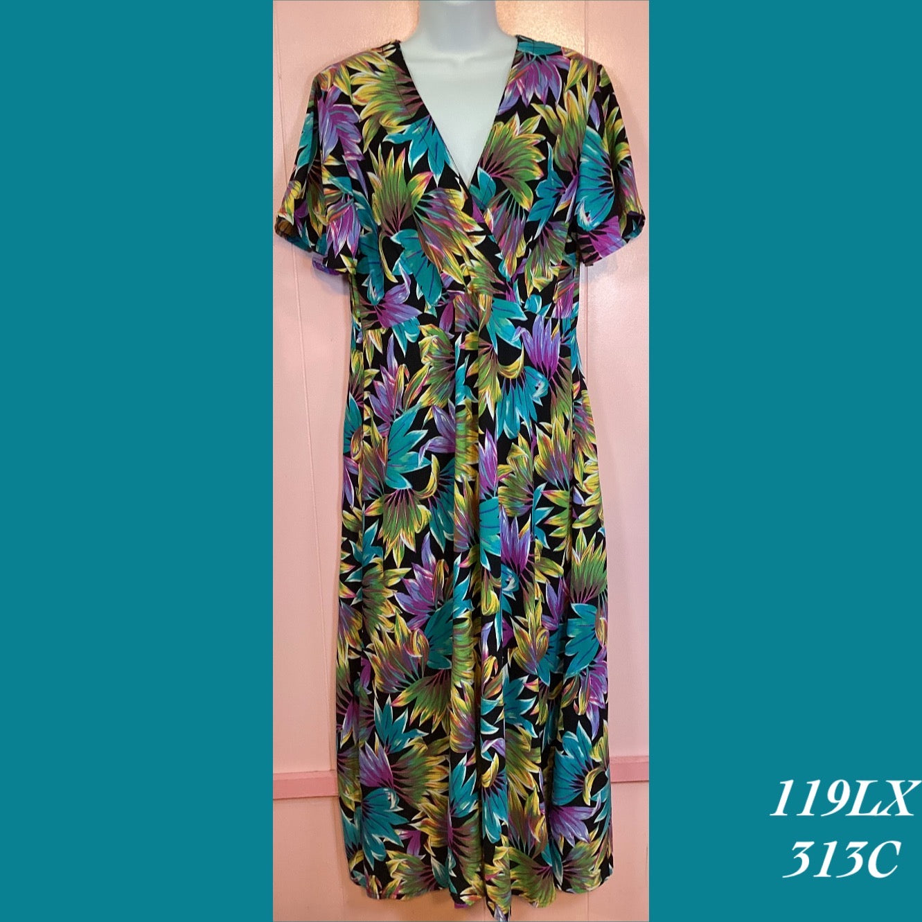 119LX - 313C , Sleeved cross front dress with pockets long , plus size