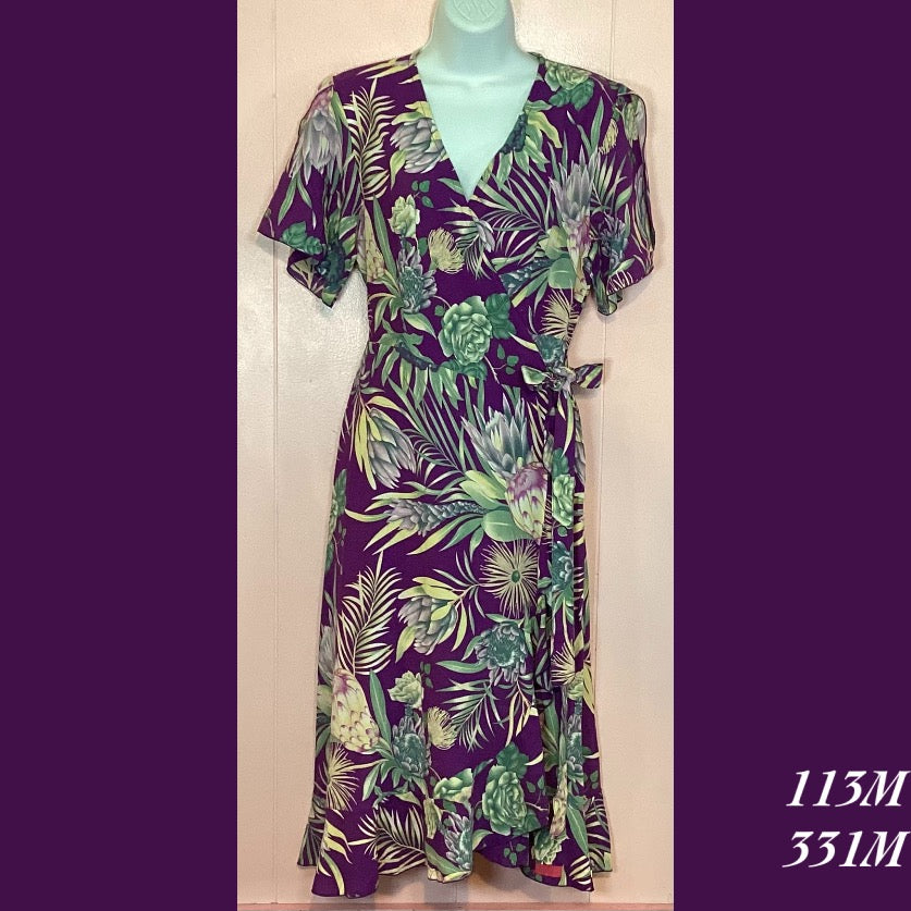 113M - 331M ,  Wide sleeve wrap dress  with pockets tea length