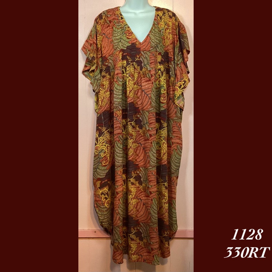 1128 - 330RT , Pleated caftan with scalloped hemline