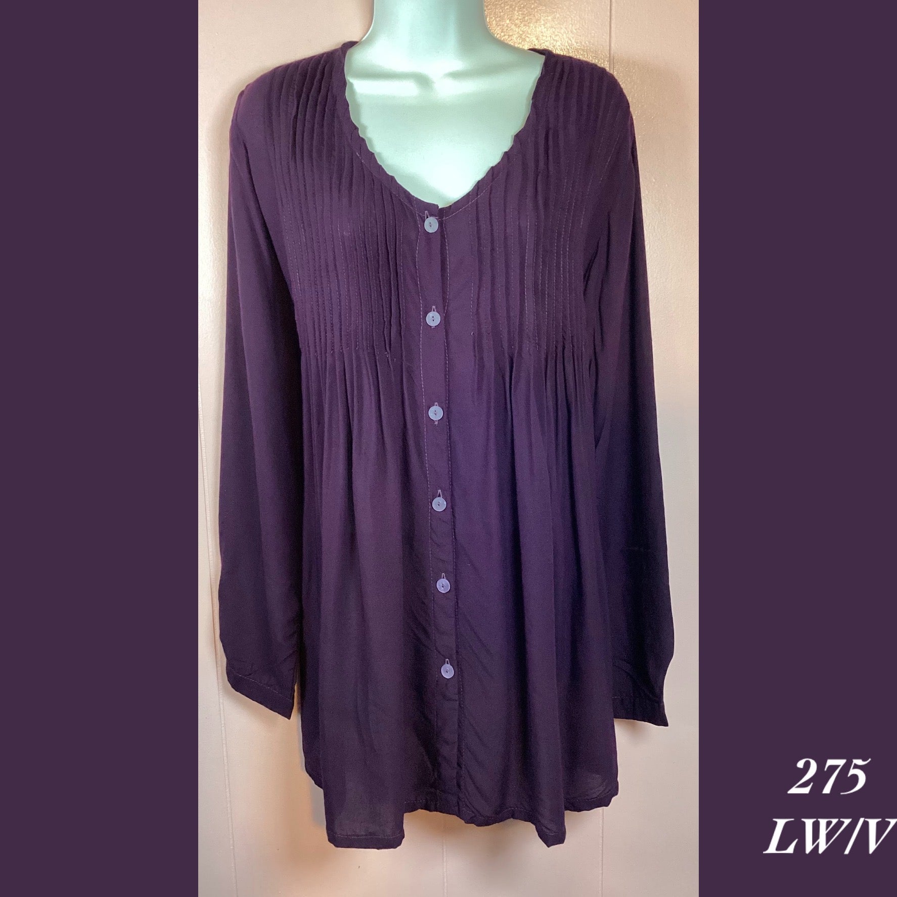 275 -LW/V , Light weight pleated front button blouse