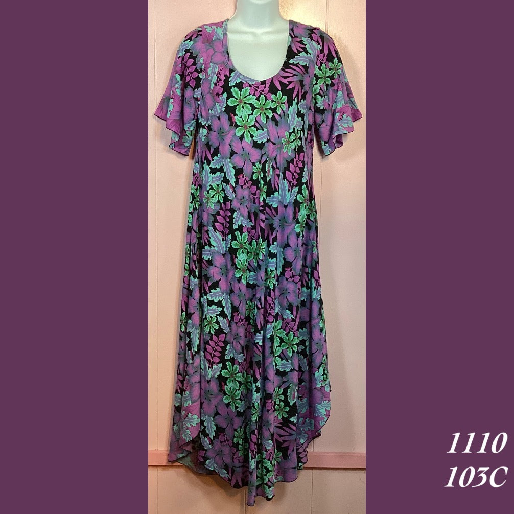 1110X - 103C , Sleeved Resort Dress with pockets and scalloped hemline plus size