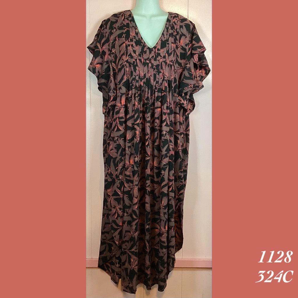 1128 - 324C , Pleated caftan rounded bottom with pockets