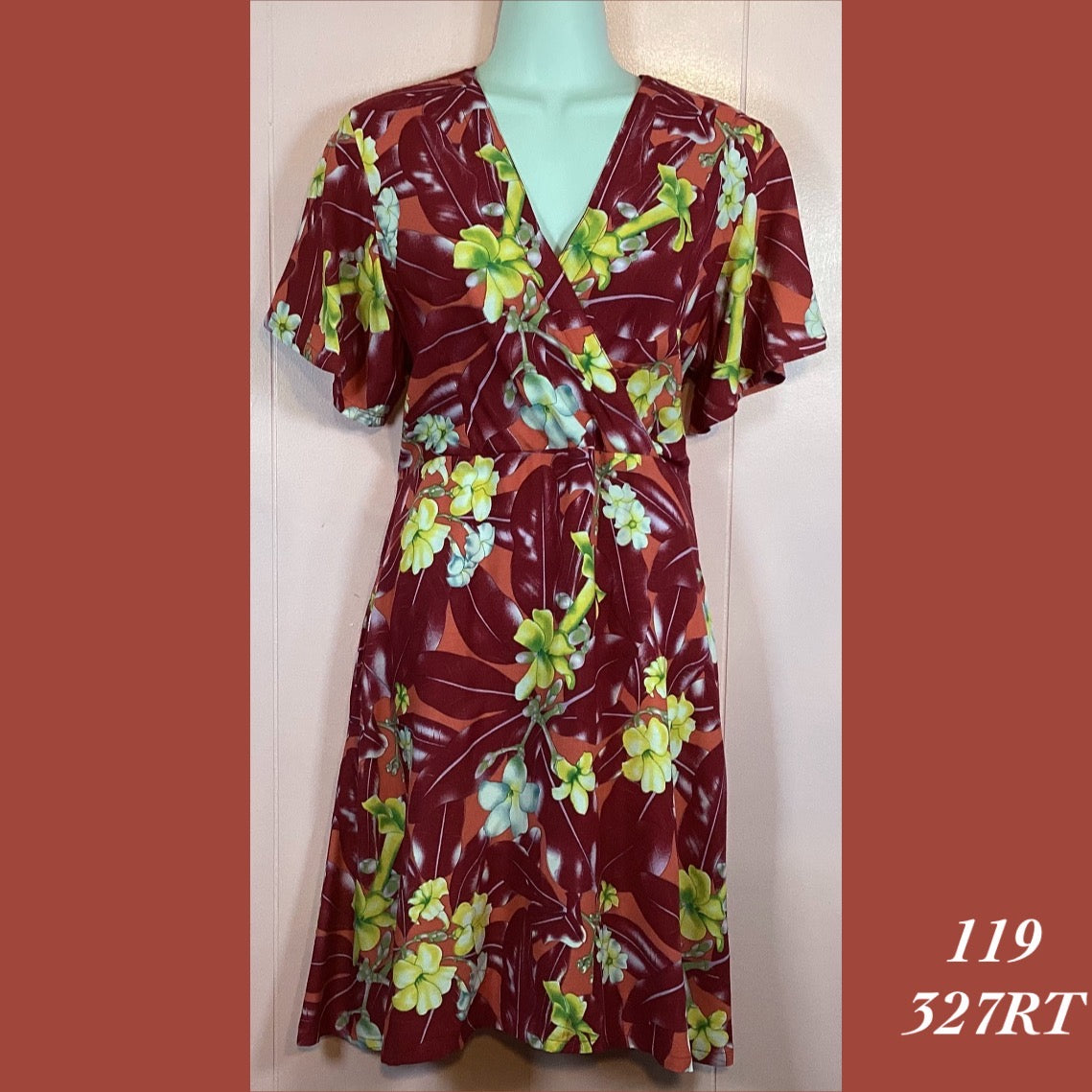 119 - 327RT , Sleeved cross front dress with back zipper and pockets