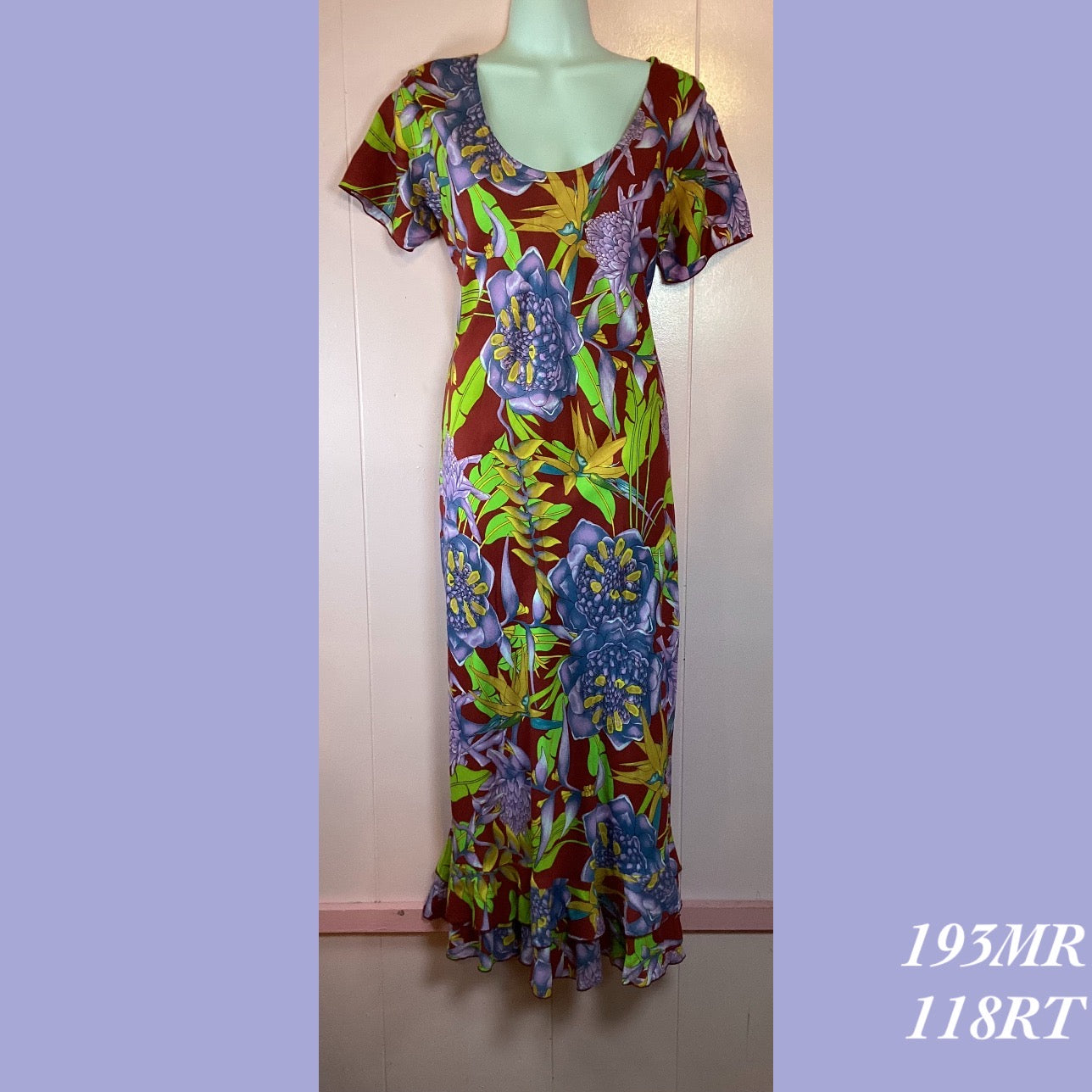 193MR - 118RT , Sleeved bias dress mid length with ruffle