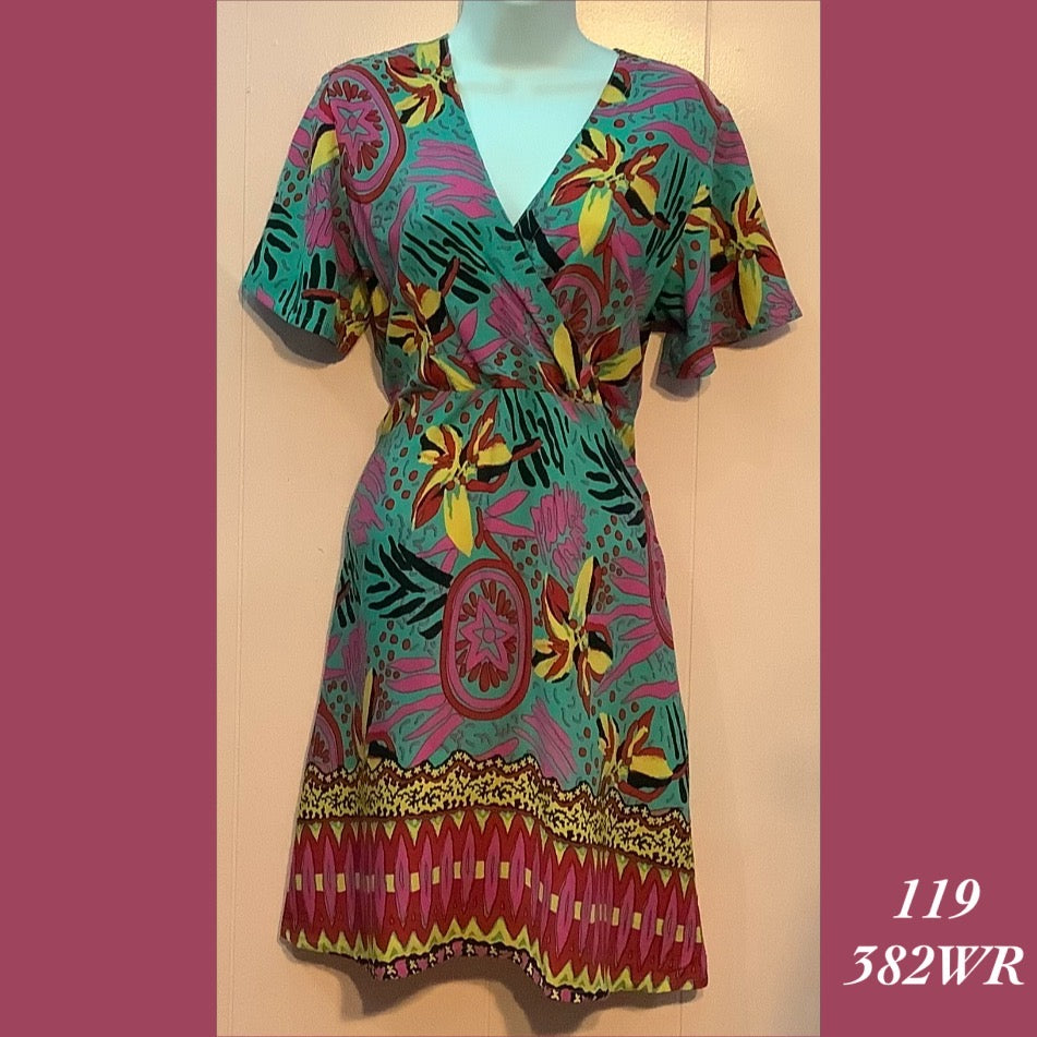 119 - 382WR , Sleeved cross front dress with back zipper and pockets