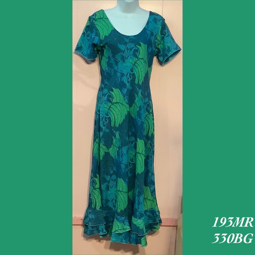 193MRX - 330BG ,Sleeved bias cut dress mid length with ruffle plus size