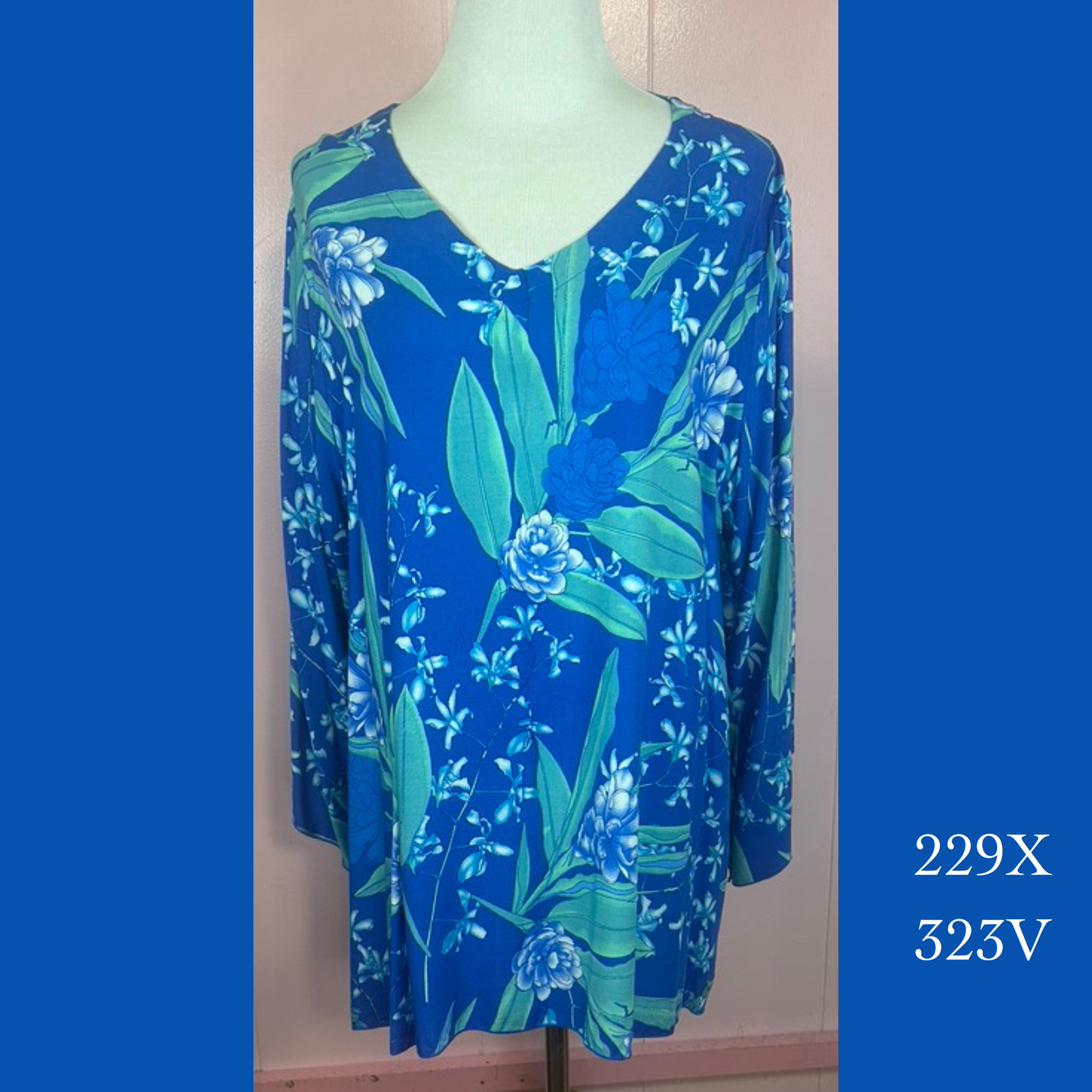 229X - 323V , V neck tunic top with 3/4 sleeve plus size