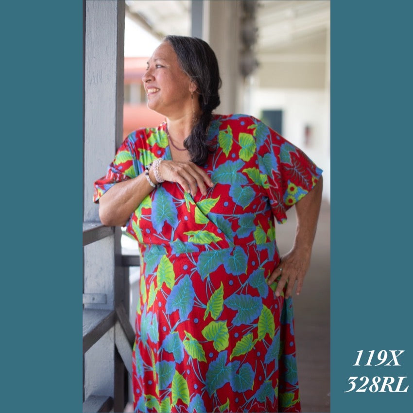 119X - 328RL , Sleeved cross front dress with back zipper and pockets plus size