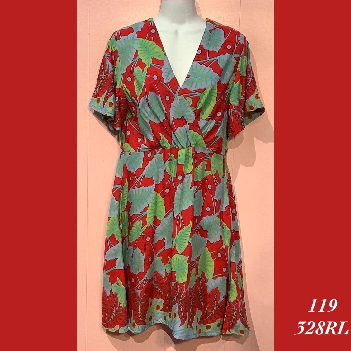 119 - 328RL , Sleeved cross front dress with back zipper and pockets